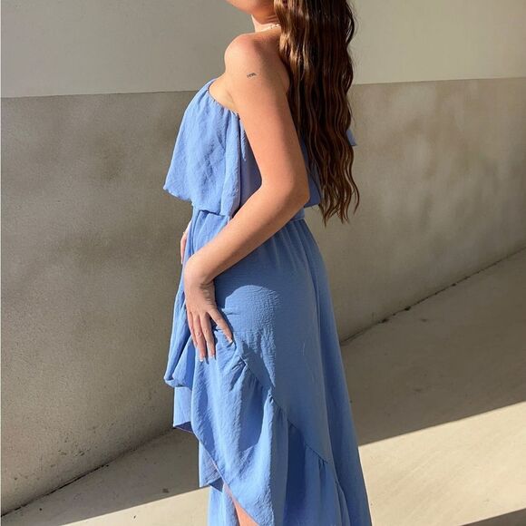 ZESICA ONE SHOULDER SLEEVELESS RUFFLE ASYMMETRICAL HIGH LOW Gown Wedding DRESS - Picture 4 of 14